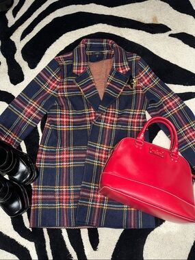 J. Crew Coat Blazer Jacket Navy Plaid Wool Blend Coat with Red and Yellow Tartan